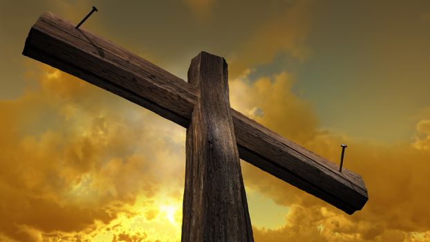 Wooden cross against the sky with shining rays