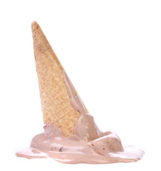 Chocolate ice cream cone fallen. Isolated on a white background