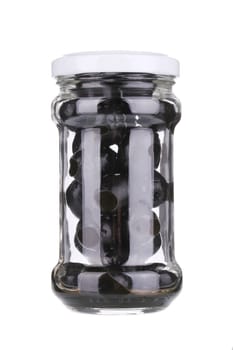 Black olives in a jar. Isolated on a white background.