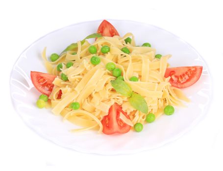 Pasta with green peas on plate close up. Isolated on a white background.