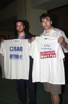 Noah Wyle and William Baldwin at a meeting of SAG and AFTRA where members showed their support for the strike against the advertising industry. Sag/Aftra headquarters, 06-13-00