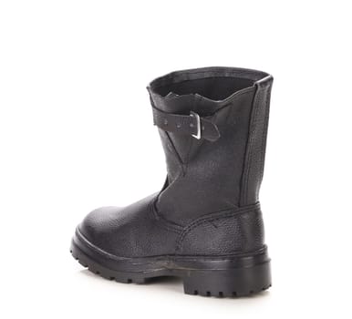 Close up of leather black boot. Isolated on a white background.