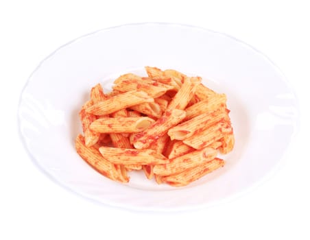 Pasta with tomato sauce. Isolated on a white background.