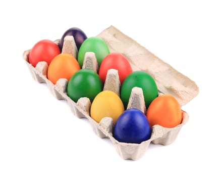 Colorful Easter Eggs in box. Isolated on a white background.