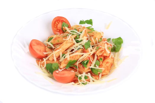 Pasta with tomato sauce and vegetables. Isolated on a white background.