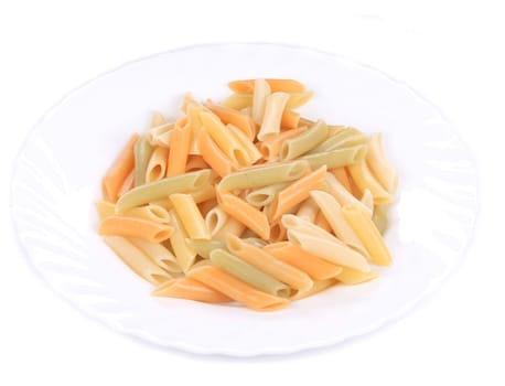 Pasta on plate close up. Macro. Isolated on a white background.