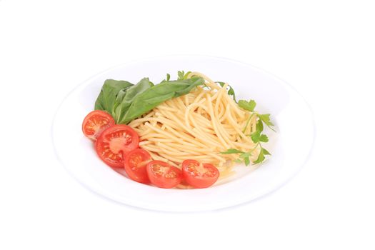 spaghetti with tomato and basil. isolated on a white background
