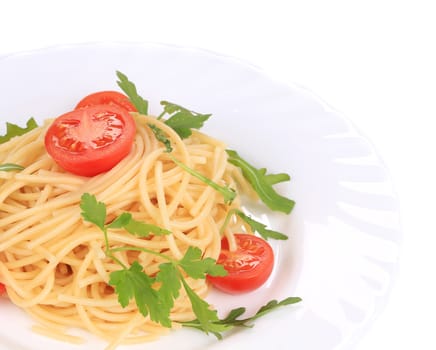 spaghetti with tomato and basil. isolated on a white background
