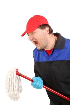 angry Man in workwear with mop. Isolated on a white background.