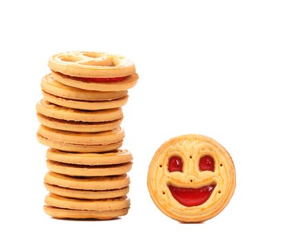 Stack of smile biscuits.. Isolated on a white background.