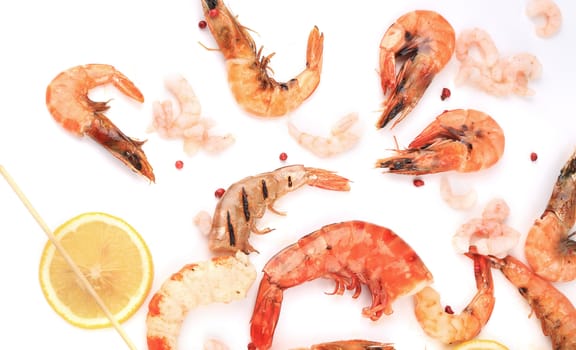 Shrimp with lemon and red pepper. To be used as background.