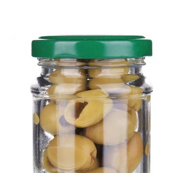 Green olives in a jar. On a white background.