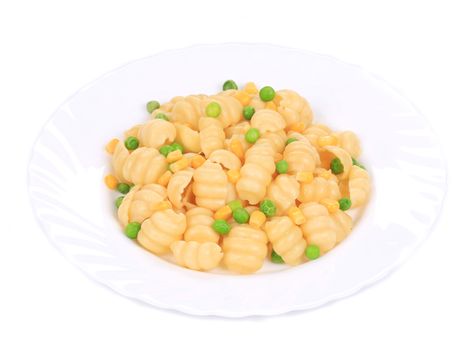 Pasta with green peas and corn. Isolated on white.