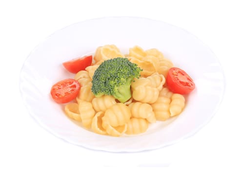 Pasta with broccoli and tomatoes. Isolated on a white background.