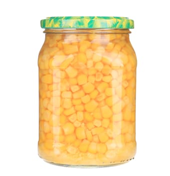 Glass jar with canned corn. Isolated on a white background.