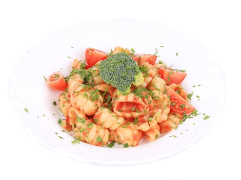 Pasta with parsley and broccoli. Isolated on a white background.