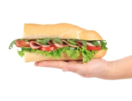 Baguette sandwich in hand. Isolated on a white background.