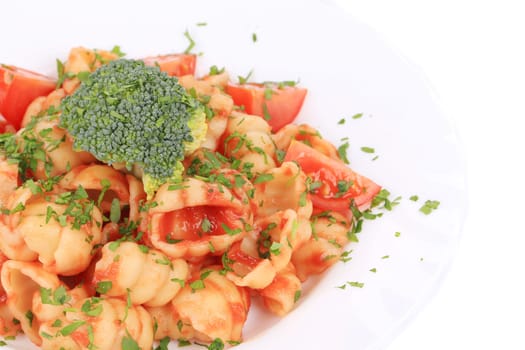 Pasta with parsley and broccoli. Isolated on a white background.