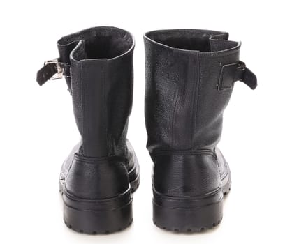 Close up of leather black boots. Isolated on a white background.