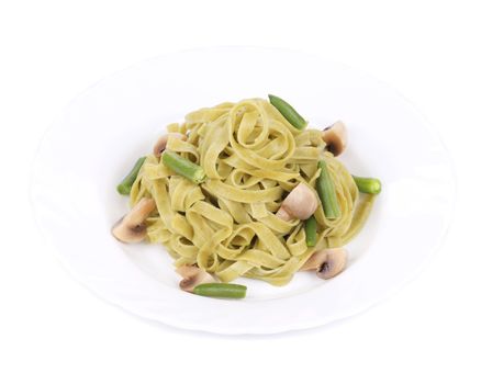 Pasta with mushrooms and french bean. Isolated on white background.
