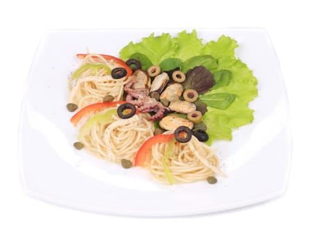 Sea salad with spaghetti. Isolated on a white background.