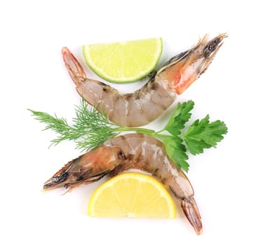 Two shrimps with lemon lime and parsley dill. Isolated on a white background.