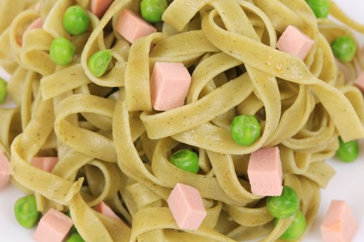 Pasta with mushrooms and french bean. Isolated on white background.