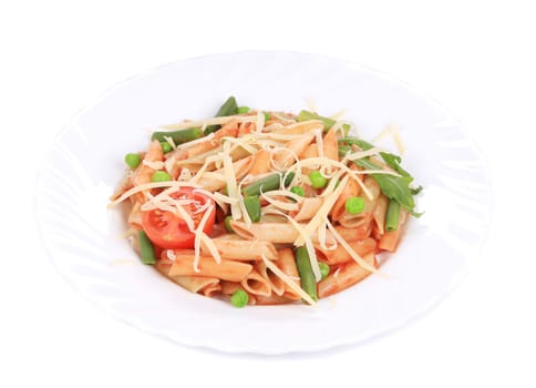 Pasta with tomato sauce and vegetables. Isolated on a white background.
