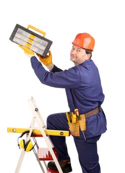 Worker on ladder with hammer. Worker on ladder with toolbox. Isolated on a white background.