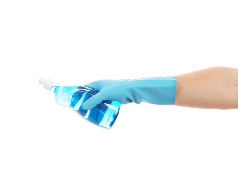 Full soap bottle in hand. Isolated on a white background.