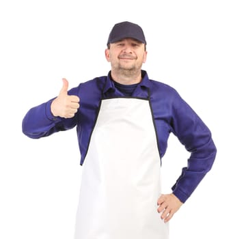 Smiling man dressed in apron. Isolated on a white background.