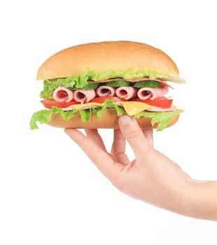 Sandwich with ham on hand. Isolated on a white background.