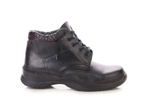 Close up of man's black boot. Isolated on a white background.