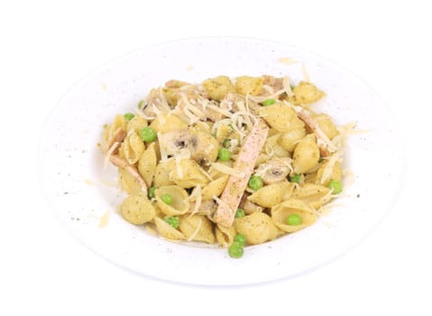 pasta cavatappi with vegetables and sausage on a white plate. isolated on a white background
