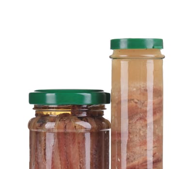 Jar of anchovy fillets. Close up. Whole background.