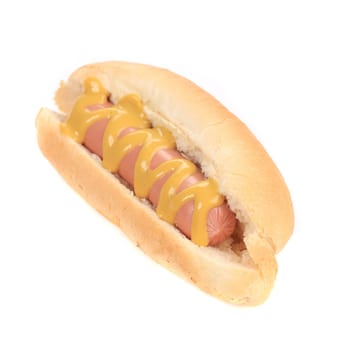 Fried hot dog in plain bun with mustard.