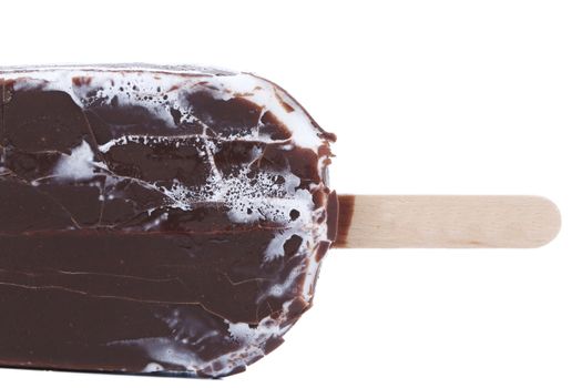 close up of Bitten chocolate vanilla ice cream. isolated on a white background
