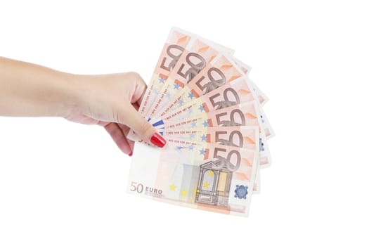 Hand holding fifty-euro notes. Isolated on a white background.