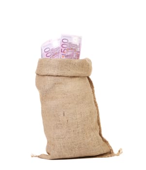 close up of  sack with euro bills. isolated on a white background