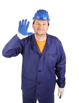 Worker putting on rubber glove. Isolated on a white background.