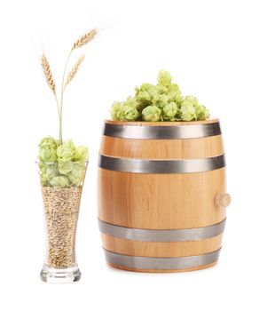 Wooden barrel with hops and wheat. Isolated on white.
