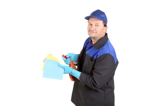 Man holds spray bottle and sponge. Isolated on a white background.