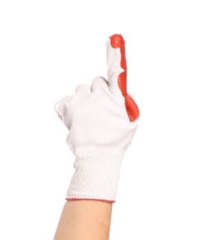 Hand in gloves shows one. Isolated on a white background.
