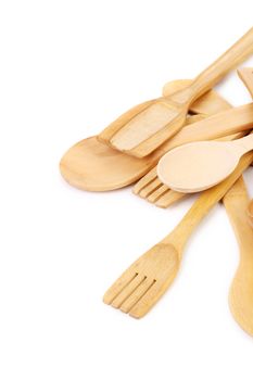 Wooden kitchen utensils. Isolated on a white background