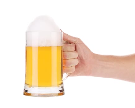 Hand holding up a glass of beer. Isolated on white.
