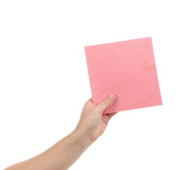 Hand with pink sponge. Isolated on a white background.