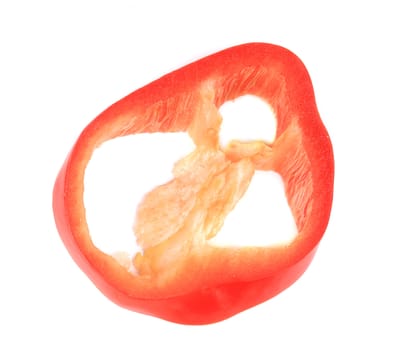 close up of red slice of pepper. isolated on a white background.