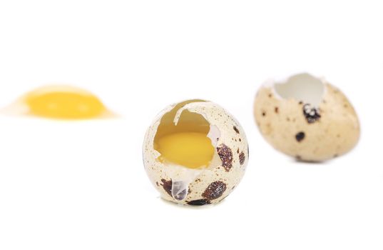 close up of raw broken quail eggs. Isolated on a white background