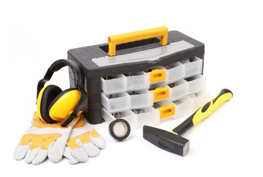 Black toolbox with tools. Isolated on a white background.