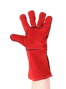 Red protective leather glove. Isolated on a white background.